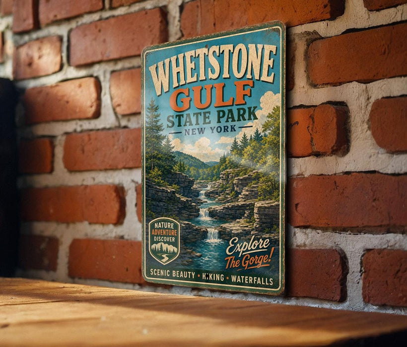 A vintage-style metal sign for Whestone Gulf State Park, featuring a scenic image of a waterfall and forest, mounted on a brick wall.