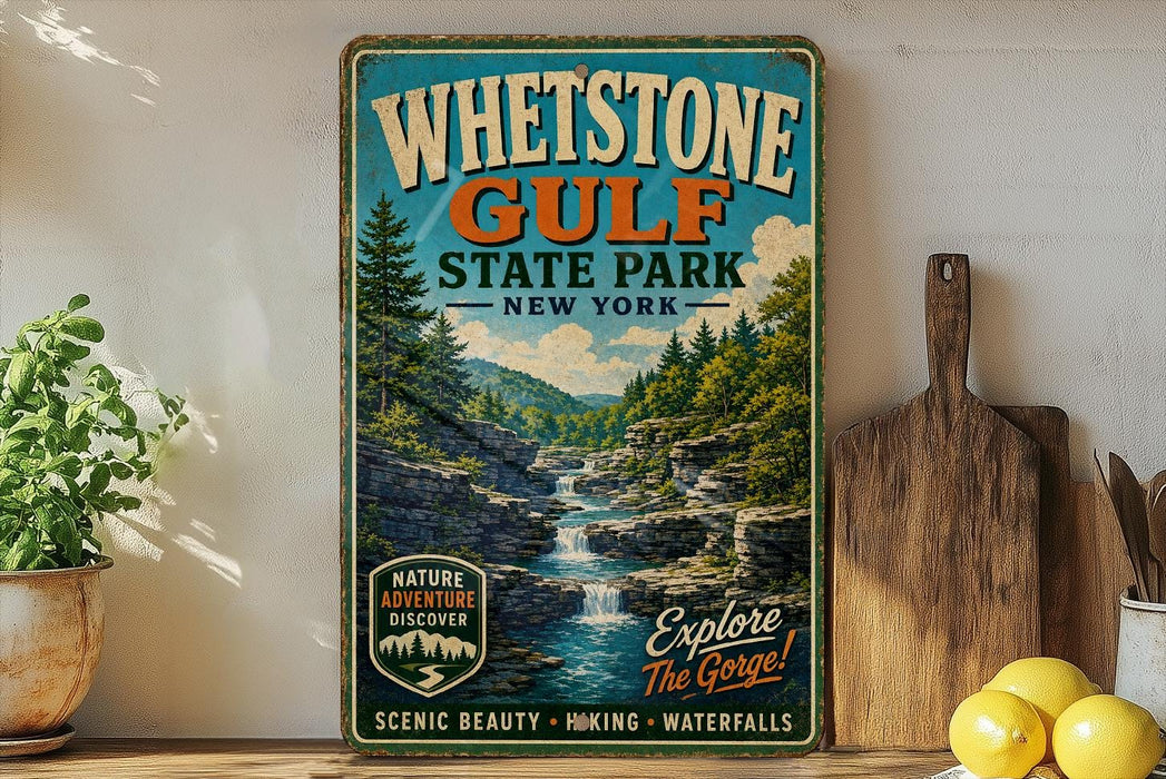 A vintage-style metal sign for Whestone Gulf State Park, featuring a scenic image of a waterfall surrounded by pine trees.