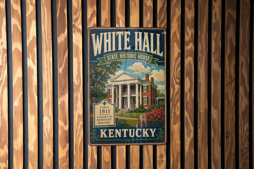 A vintage-style metal sign for White Hall, a historic house in Kentucky, is displayed on a wooden wall.