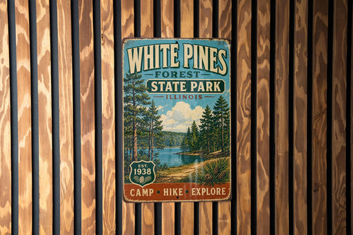 A vintage-style metal sign for White Pines Forest State Park in Illinois, featuring a scenic illustration of pine trees and a lake.
