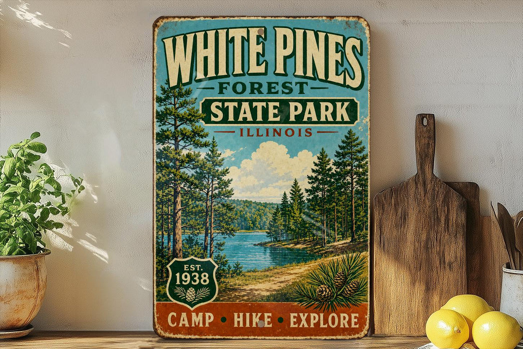 A vintage-style sign for White Pines Forest State Park in Illinois, featuring a scenic illustration of pine trees, a lake, and mountains.