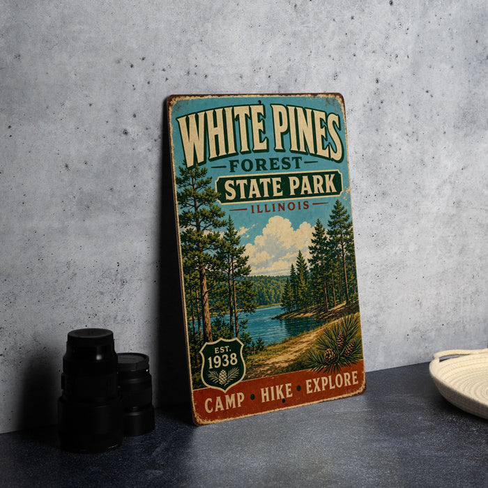 A vintage-style metal sign for White Pines Forest State Park in Illinois, featuring a scenic illustration of pine trees and a lake.