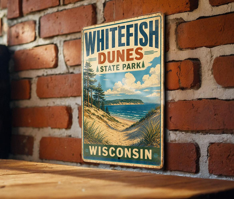A vintage-style sign for Whitefish Dunes State Park in Wisconsin, featuring a scenic landscape with a beach, dunes, and a lake.