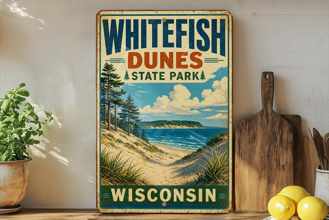 A vintage-style sign for Whitewater Dunes State Park in Wisconsin, featuring a scenic landscape with a beach, dunes, and pine trees.