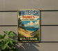 A vintage-style metal sign for Whitefish Dunes State Park in Wisconsin, featuring a scenic landscape with a beach, mountains, and pine trees.