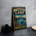 A vintage-style metal sign for Whitefish Lake State Park in Montana, featuring a scenic landscape with a lake, mountains, and a boat.