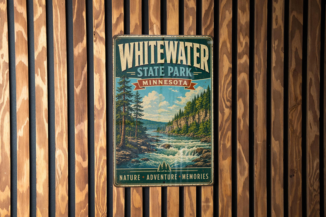 A vintage metal sign for Whitewater State Park in Minnesota, featuring a scenic landscape with a river, trees, and mountains.