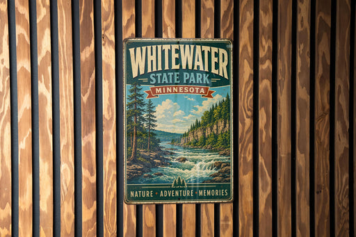 A vintage metal sign for Whitewater State Park in Minnesota, featuring a scenic landscape with a river, trees, and mountains.