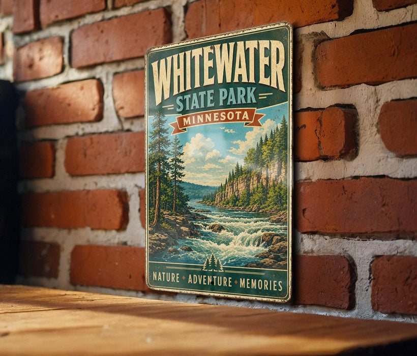 A vintage-style metal sign for Whitewater State Park in Minnesota, featuring a scenic landscape with a river, mountains, and pine trees.