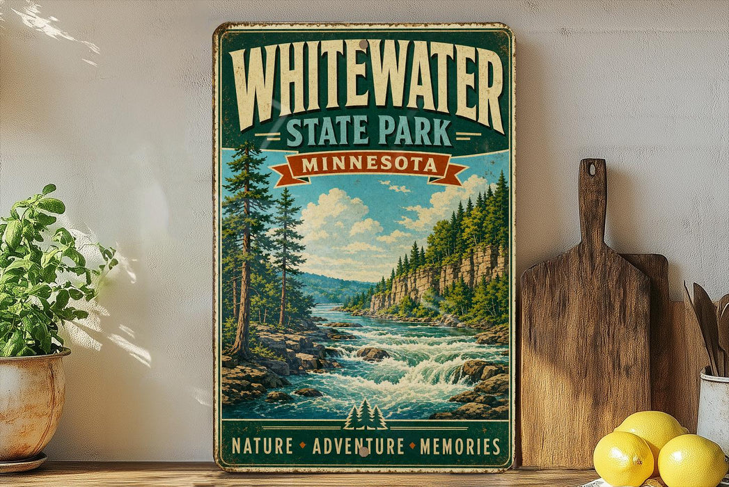 A vintage-style sign for Whitewater State Park in Minnesota, featuring a scenic landscape with a river and pine trees.