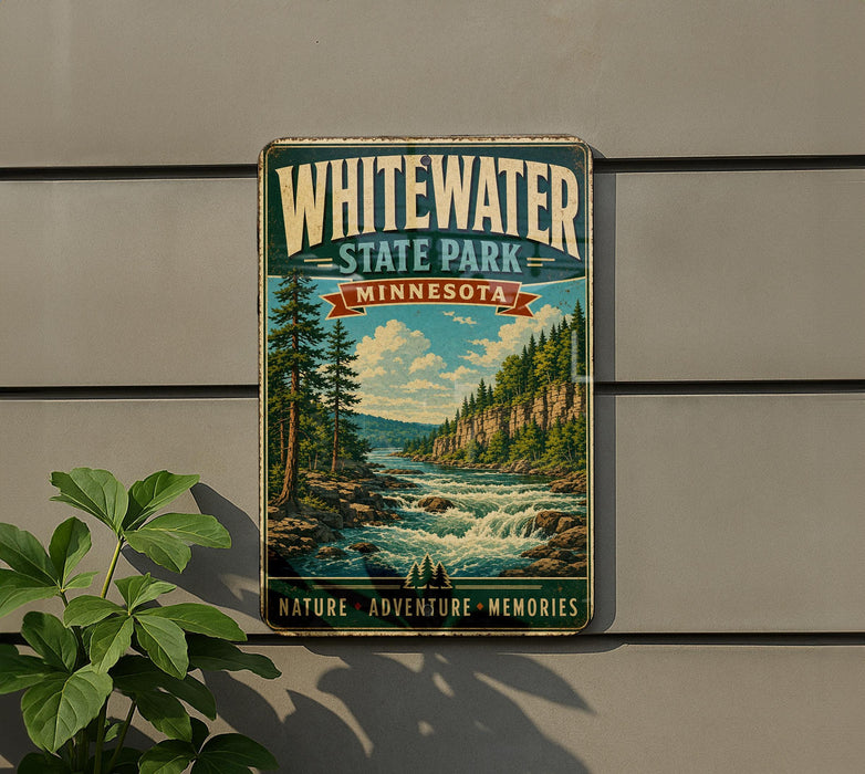 A vintage-style metal sign for Whitewater State Park in Minnesota, featuring a scenic landscape with a river, trees, and mountains.