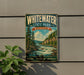 A vintage-style metal sign for Whitewater State Park in Minnesota, featuring a scenic landscape with a river, trees, and mountains.
