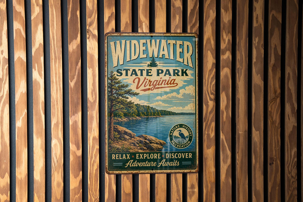 A vintage metal sign for Widewater State Park, Virginia, featuring a scenic landscape with a lake and mountains.