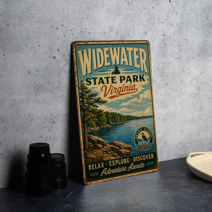 A vintage-style metal sign for Widewater State Park, Virginia, featuring a scenic landscape with a lake and trees.