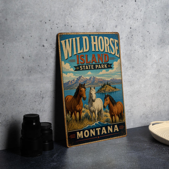 A vintage-style metal sign for Wild Horse Island State Park in Montana, featuring illustrations of horses in a scenic landscape.