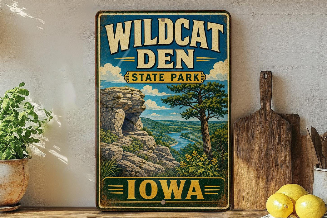A vintage-style sign for Wildcat Den State Park in Iowa, featuring a scenic landscape with a river, mountains, and trees.