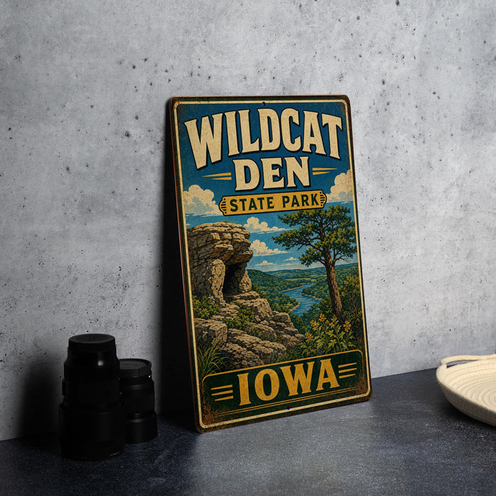 A vintage-style metal sign for Wildcat Den State Park in Iowa, featuring a scenic landscape with a rocky cliff and a river.