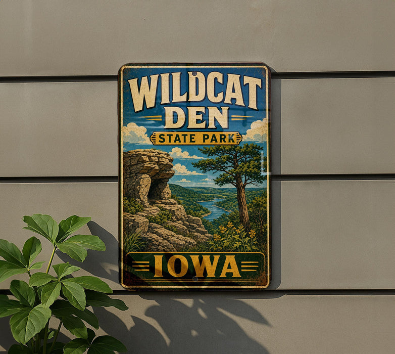 A vintage-style metal sign for Wildcat Den State Park in Iowa, featuring a scenic landscape with a rocky cliff, trees, and a river.