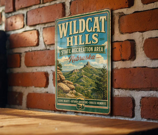 A vintage-style metal sign for Wildcat Hills, a state recreation area in Nebraska, is displayed on a brick wall.