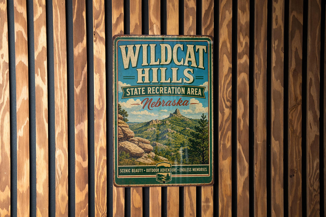 A vintage metal sign for Wildcat Hills, a state recreation area in Nebraska, is displayed on a wooden wall.