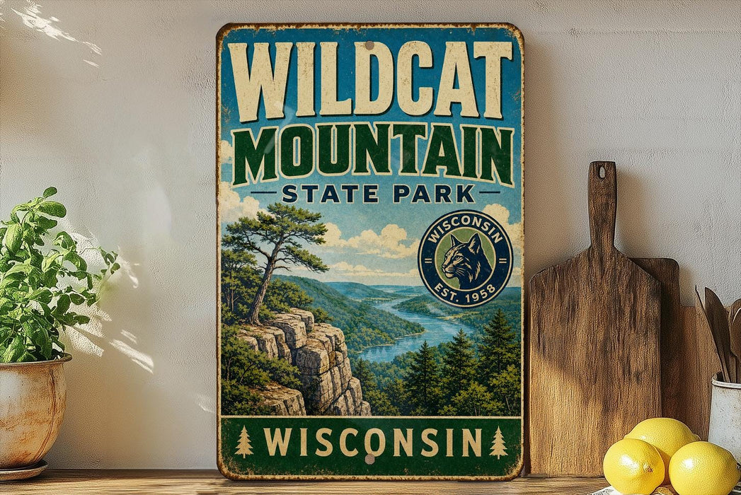 A vintage-style metal sign for Wildcat Mountain State Park in Wisconsin, featuring a scenic landscape with a mountain, river, and pine trees.