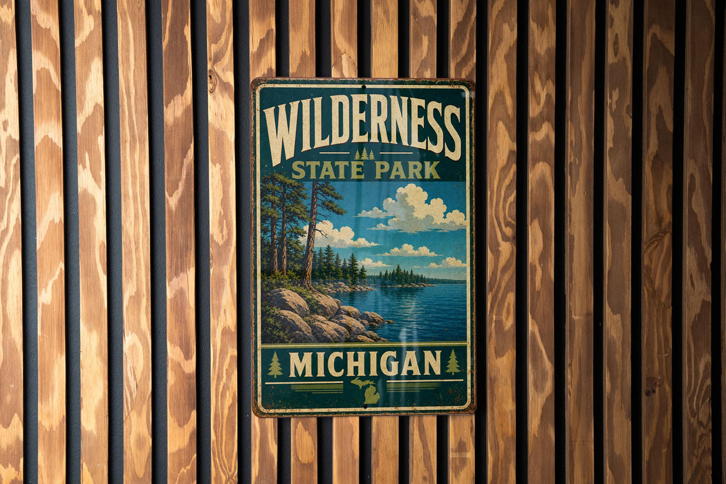 A vintage metal sign for Wilderness State Park in Michigan, featuring a scenic landscape with pine trees, a lake, and mountains.