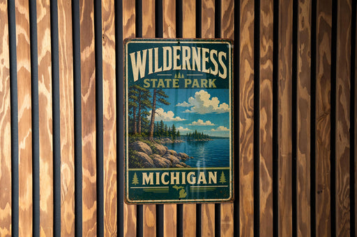 A vintage metal sign for Wilderness State Park in Michigan, featuring a scenic landscape with pine trees, a lake, and mountains.