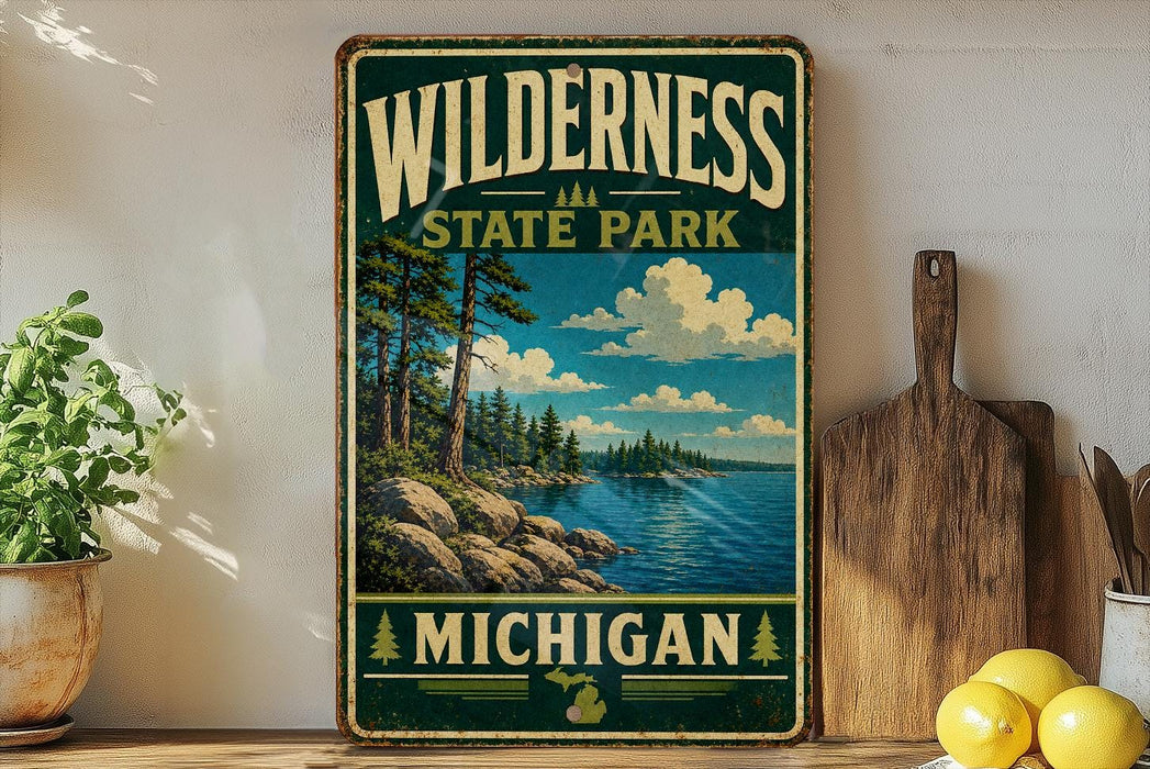 A vintage-style metal sign for Wilderness State Park in Michigan, featuring a scenic landscape with pine trees, a lake, and mountains.