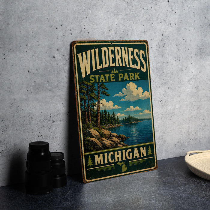 A vintage-style metal sign for Wilderness State Park in Michigan, featuring a scenic landscape with pine trees, a lake, and mountains.