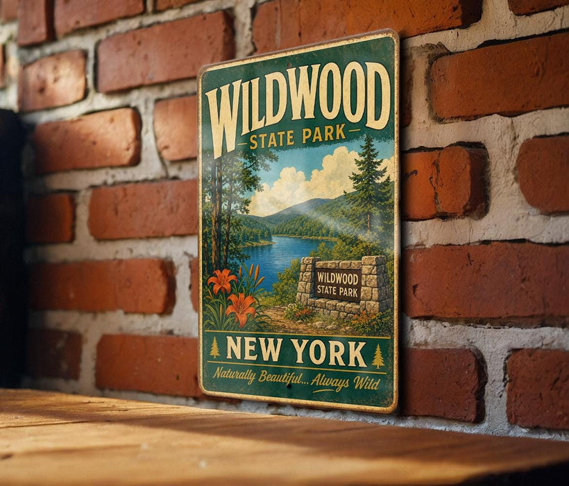 A vintage-style metal sign for Wildwood State Park in New York, featuring a scenic landscape with a lake, mountains, and pine trees.