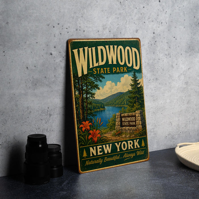A vintage-style metal sign for Wildwood State Park in New York, featuring a scenic landscape with a lake, mountains, and pine trees.