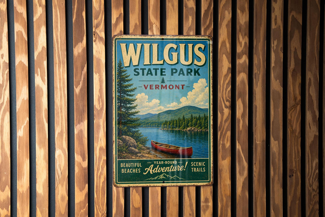A vintage metal sign for Wilgus State Park in Vermont, featuring a scenic image of a lake with a red canoe, surrounded by mountains and forests.
