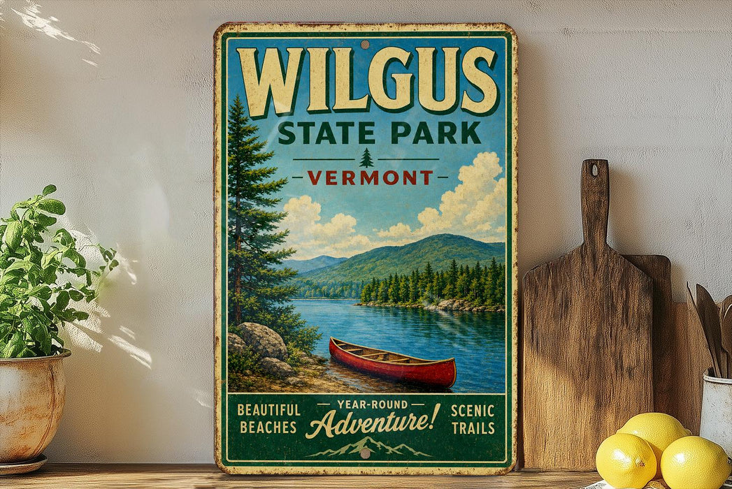 A vintage-style metal sign for Wilgus State Park in Vermont, featuring a scenic image of a red canoe on a lake surrounded by pine trees and mountains.