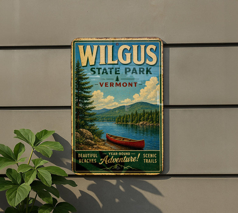 A vintage metal sign for Wilgus State Park in Vermont, featuring a scenic image of a lake with a canoe, surrounded by lush greenery and mountains.