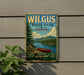 A vintage metal sign for Wilgus State Park in Vermont, featuring a scenic image of a lake with a canoe, surrounded by lush greenery and mountains.