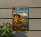 A vintage metal sign for Will Rogers State Historic Park in California, featuring a portrait of a man in a cowboy hat and a scenic landscape.