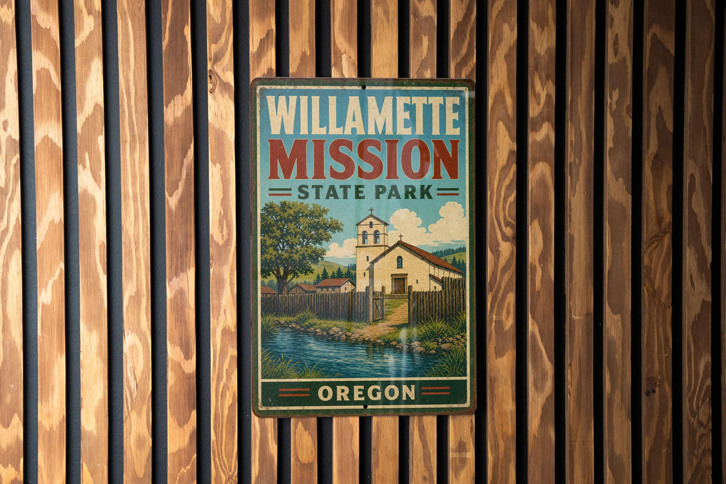A vintage-style metal sign for Willamette Mission State Park in Oregon, featuring a scenic illustration of a church and a river.