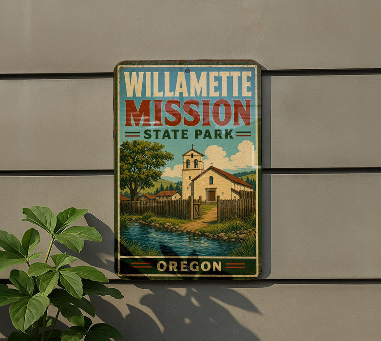 A vintage-style metal sign for Willamette Mission State Park in Oregon, featuring a pastoral scene with a church and a stream.