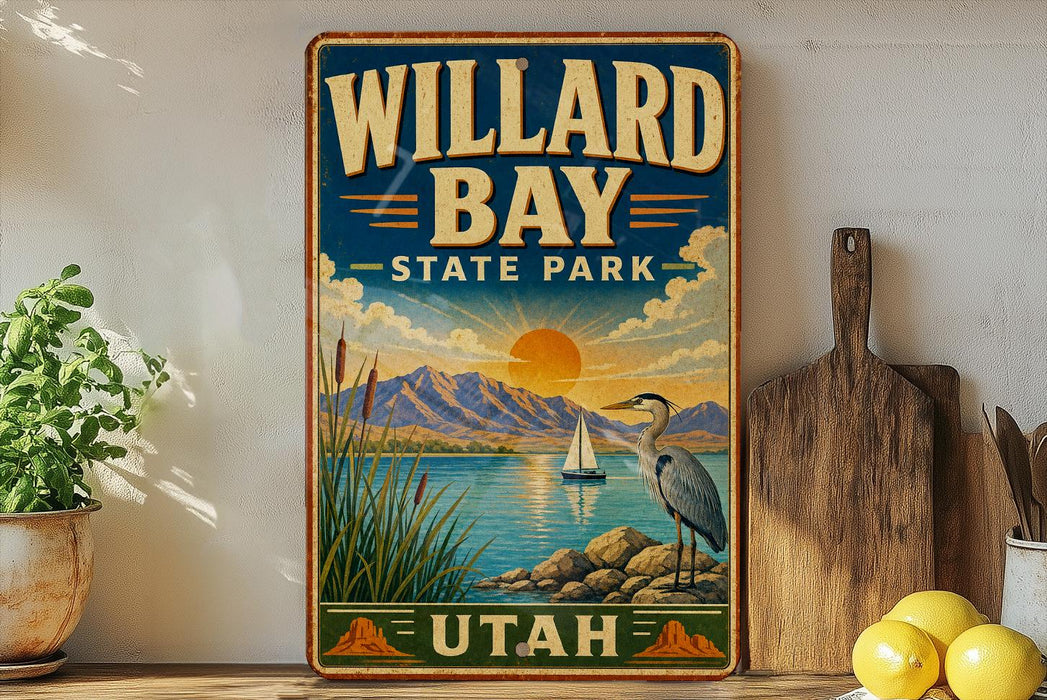 A vintage-style metal sign for Willard Bay State Park in Utah, featuring a scenic landscape with mountains, a lake, and a crane.