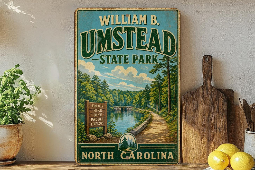 A vintage-style poster advertising William B. Umstead State Park in North Carolina, featuring a scenic landscape with a lake and forest.