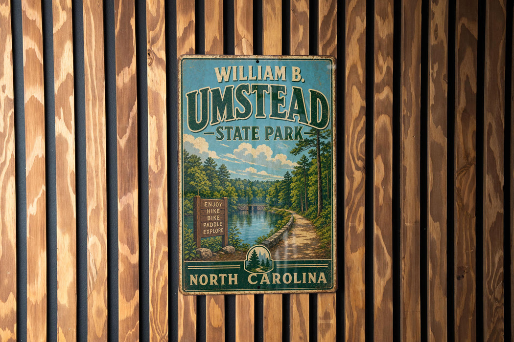 A vintage metal sign for William B. Umstead State Park in North Carolina, featuring a scenic image of a forest and a lake.