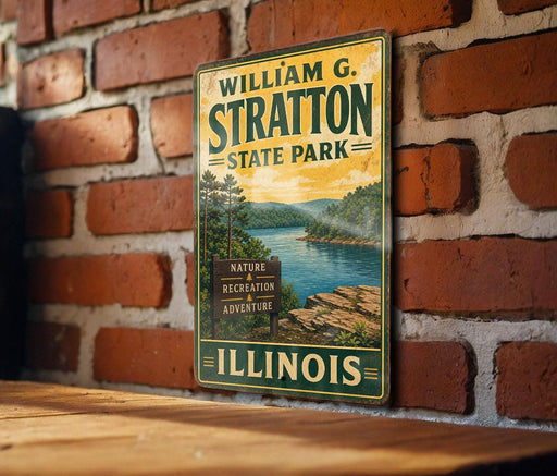 A vintage-style metal sign for William G. Stratton State Park in Illinois, featuring a scenic landscape with a river and mountains.