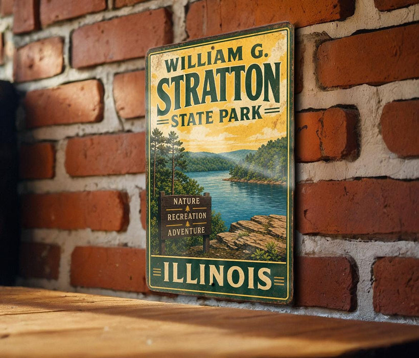 A vintage-style metal sign for William G. Stratton State Park in Illinois, featuring a scenic landscape with a river and mountains.