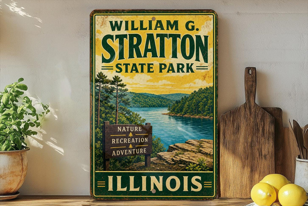 A vintage-style sign for William G. Stratton State Park in Illinois, featuring a scenic landscape with a river and mountains.