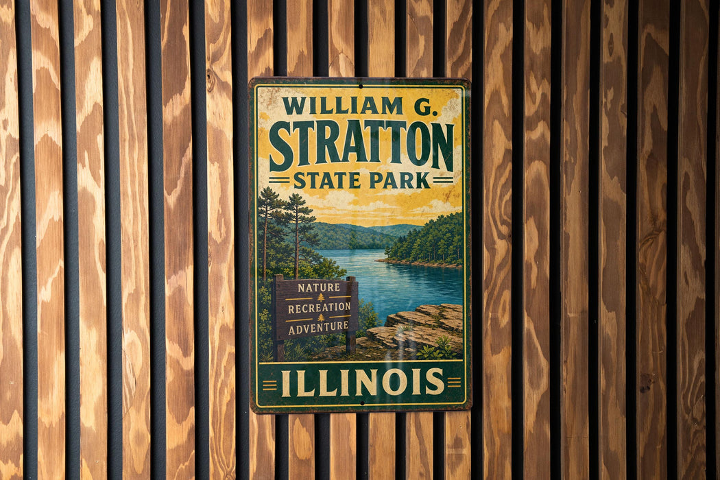 A vintage-style metal sign for William G. Stratton State Park in Illinois, featuring a scenic image of the park and its surroundings.