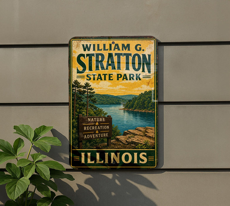 A vintage-style metal sign for William G. Stratton State Park in Illinois, featuring a scenic landscape with a river and mountains.