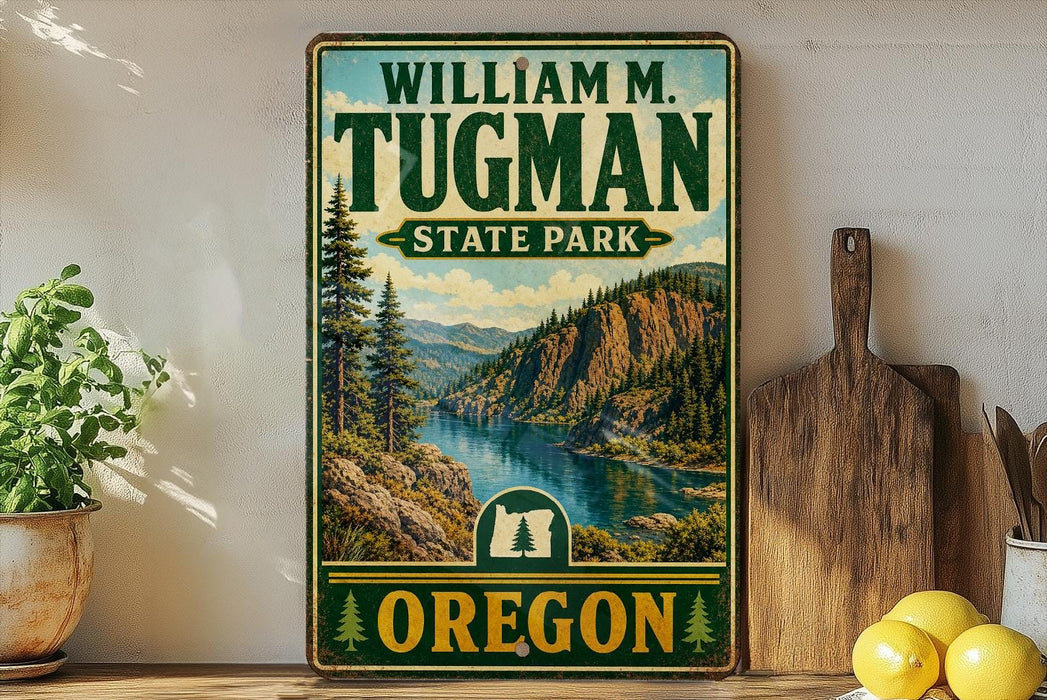 A vintage-style metal sign for William M. Tugman State Park in Oregon, featuring a scenic mountain landscape with a river.