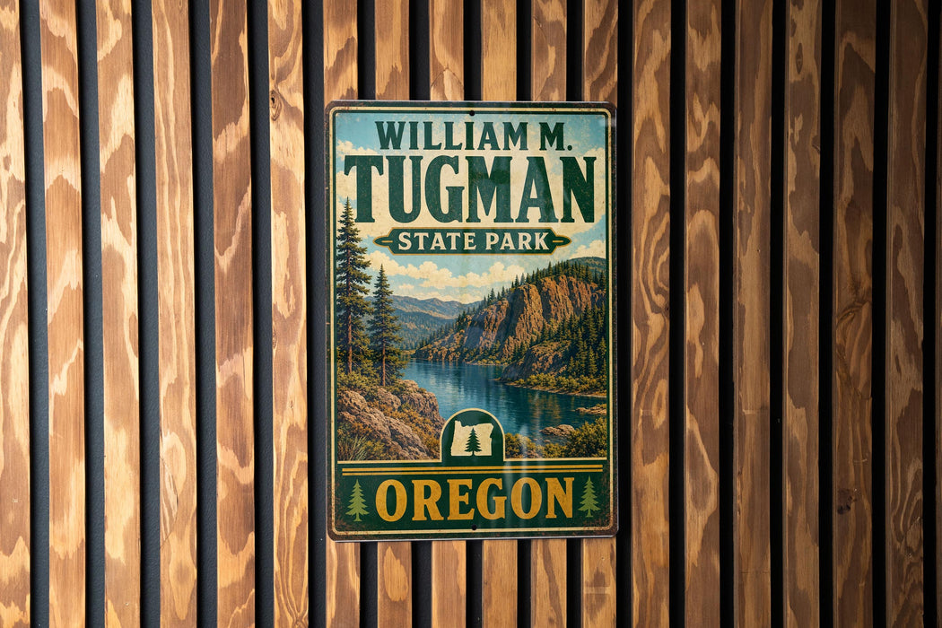 A vintage metal sign for William M. Tugman State Park in Oregon, featuring a scenic mountain landscape.