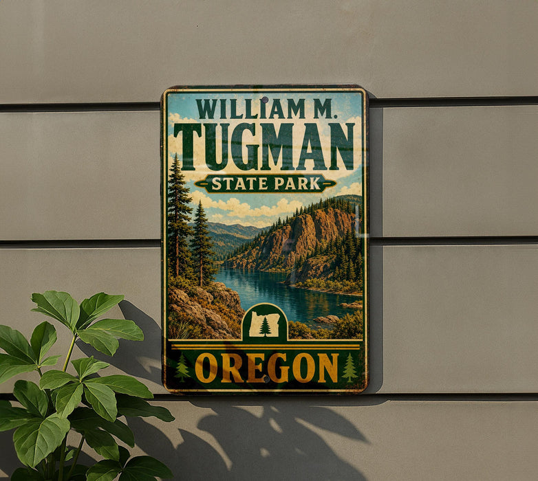 A vintage-style metal sign for William M. Tugman State Park in Oregon, featuring a scenic landscape with mountains, a river, and pine trees.