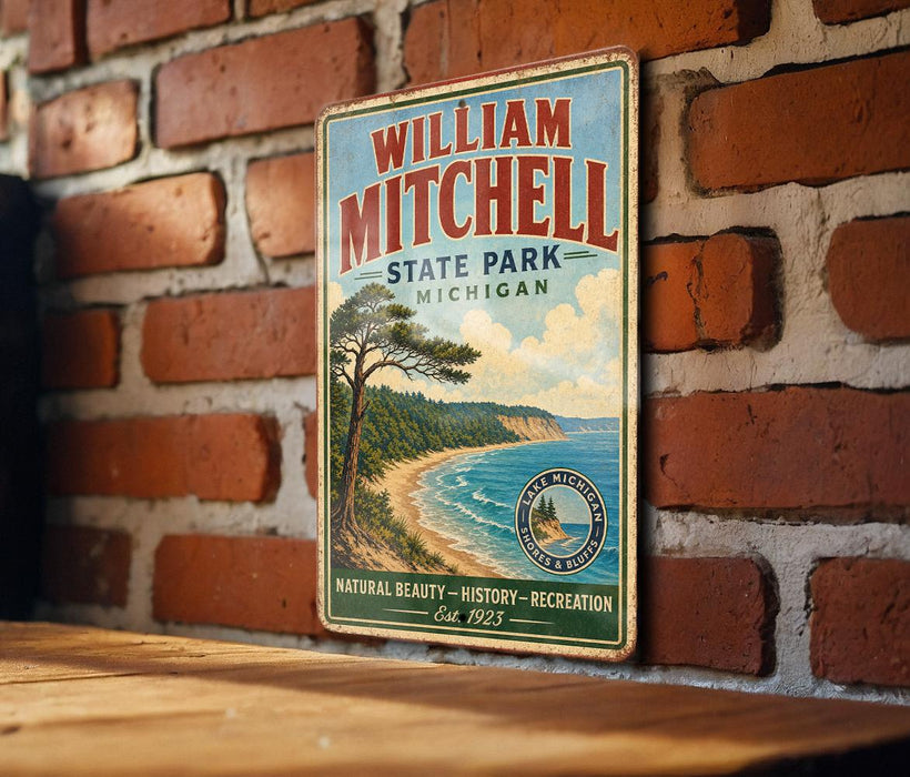 A vintage metal sign for William Mitchell State Park in Michigan, featuring a scenic landscape with a beach, mountains, and pine trees.